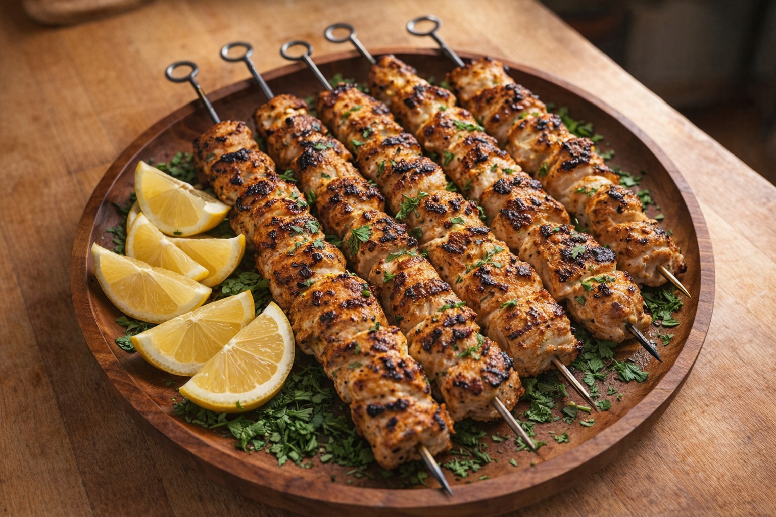 A top-down shot of perfectly grilled yogurt-marinated chicken skewers arranged on a wooden platter, garnished with fresh herbs and a side of lemon wedges, warm natural lighting